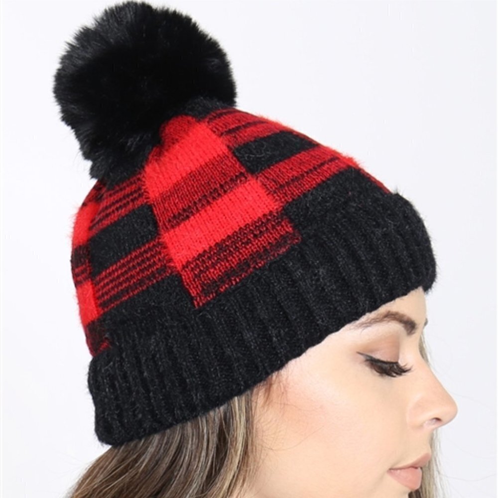 BUFFALO CHECKERED PLAID PRINT BEANIE WITH POM POM